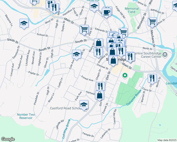 map of restaurants, bars, coffee shops, grocery stores, and more near 36 Franklin Terrace in Southbridge