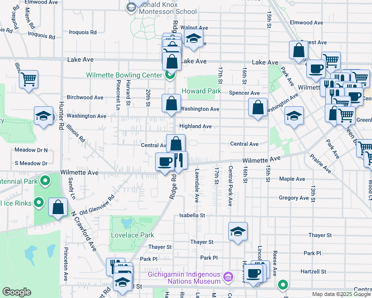 map of restaurants, bars, coffee shops, grocery stores, and more near 1747 Central Avenue in Wilmette