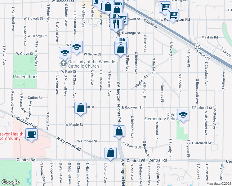 map of restaurants, bars, coffee shops, grocery stores, and more near 606 South Arlington Heights Road in Arlington Heights