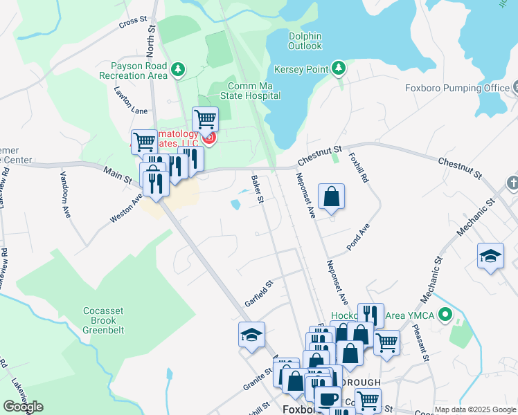 map of restaurants, bars, coffee shops, grocery stores, and more near 64 Baker Street in Foxborough
