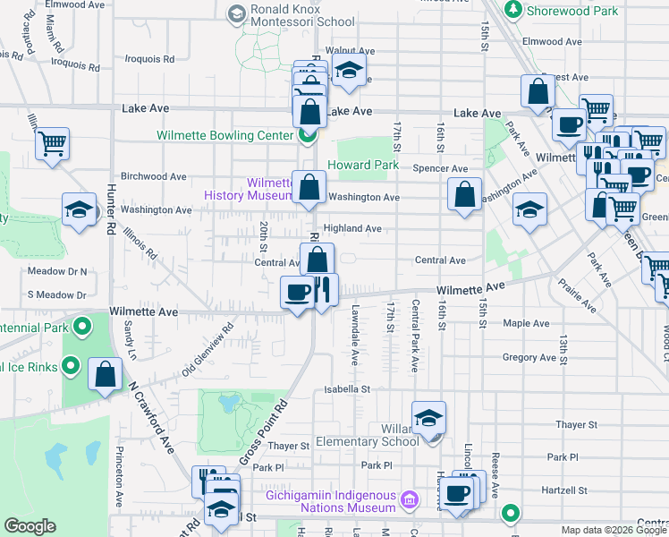 map of restaurants, bars, coffee shops, grocery stores, and more near 1747 Central Avenue in Wilmette