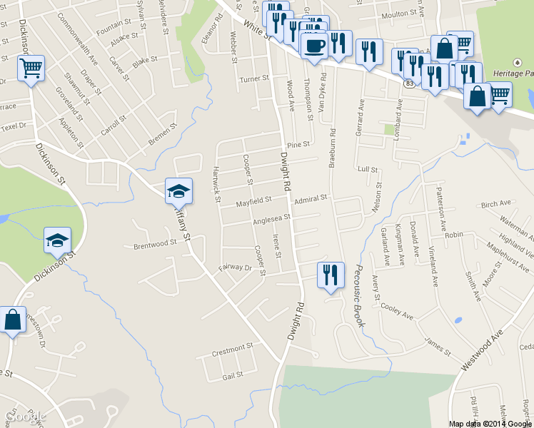 map of restaurants, bars, coffee shops, grocery stores, and more near 38 Anglesea St in Springfield