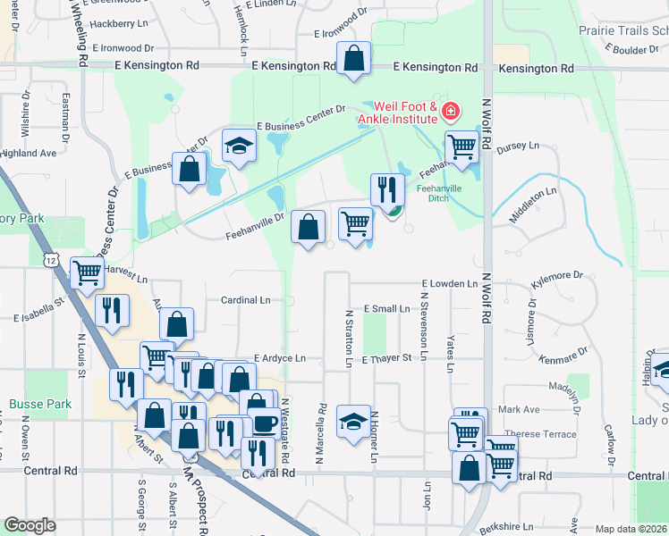 map of restaurants, bars, coffee shops, grocery stores, and more near 1002 Gregory Lane in Mount Prospect