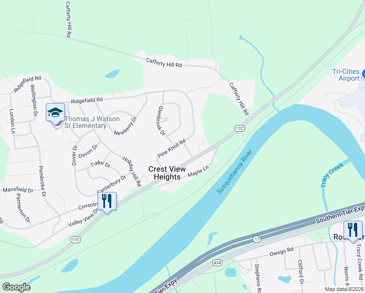 map of restaurants, bars, coffee shops, grocery stores, and more near 112 Pine Knoll Road in Endicott