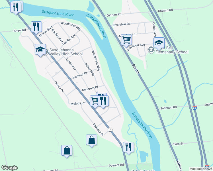 map of restaurants, bars, coffee shops, grocery stores, and more near 99 Woodcrest Way in Conklin