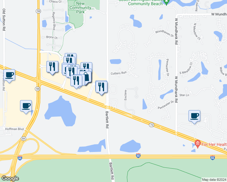 map of restaurants, bars, coffee shops, grocery stores, and more near 215 Bartlett Road in South Barrington