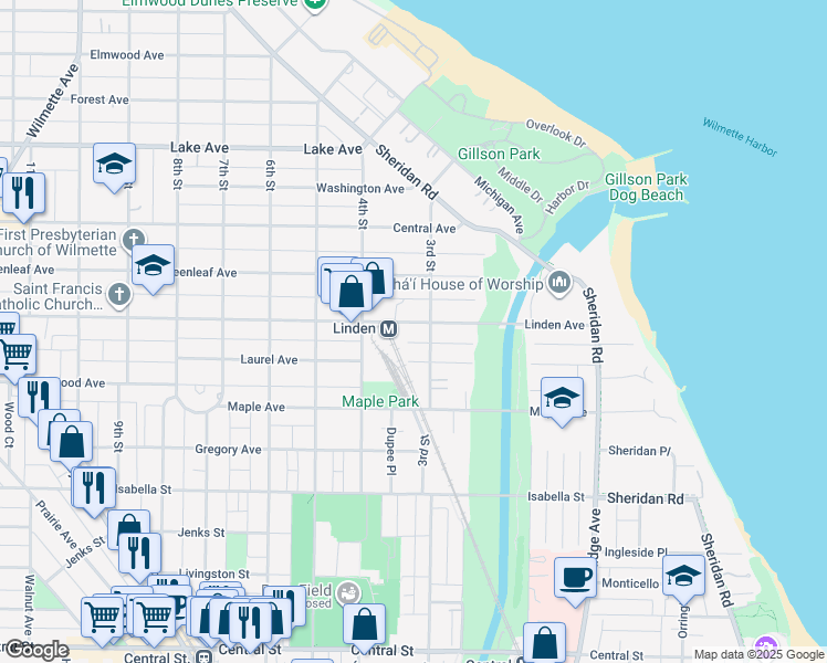 map of restaurants, bars, coffee shops, grocery stores, and more near 307 Linden Avenue in Wilmette