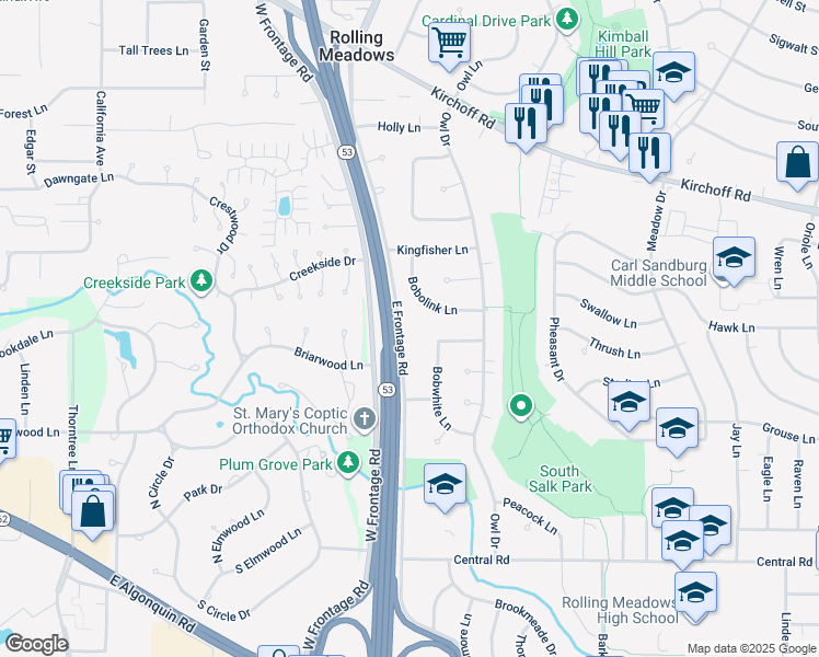 map of restaurants, bars, coffee shops, grocery stores, and more near 3510 East Frontage Road in Rolling Meadows