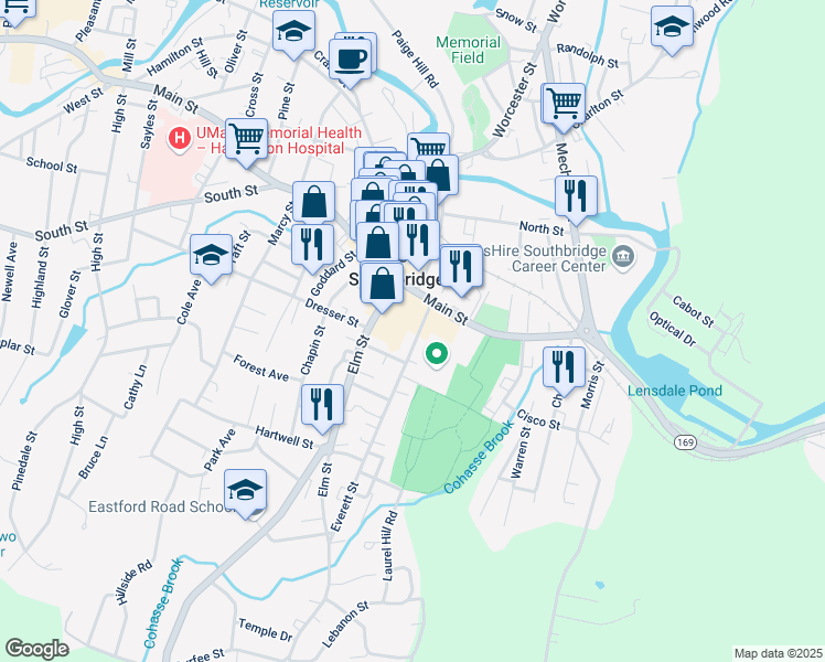 map of restaurants, bars, coffee shops, grocery stores, and more near 32 Everett Street in Southbridge