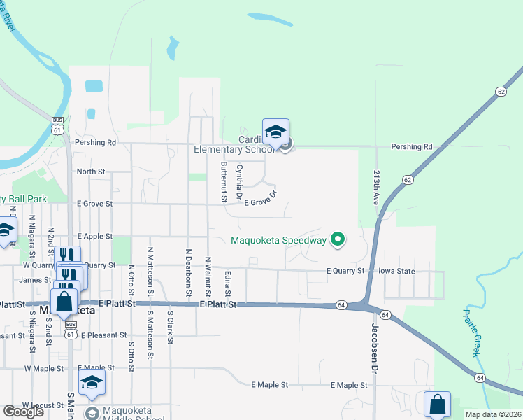 map of restaurants, bars, coffee shops, grocery stores, and more near 1001-1099 E Grove Dr in Maquoketa