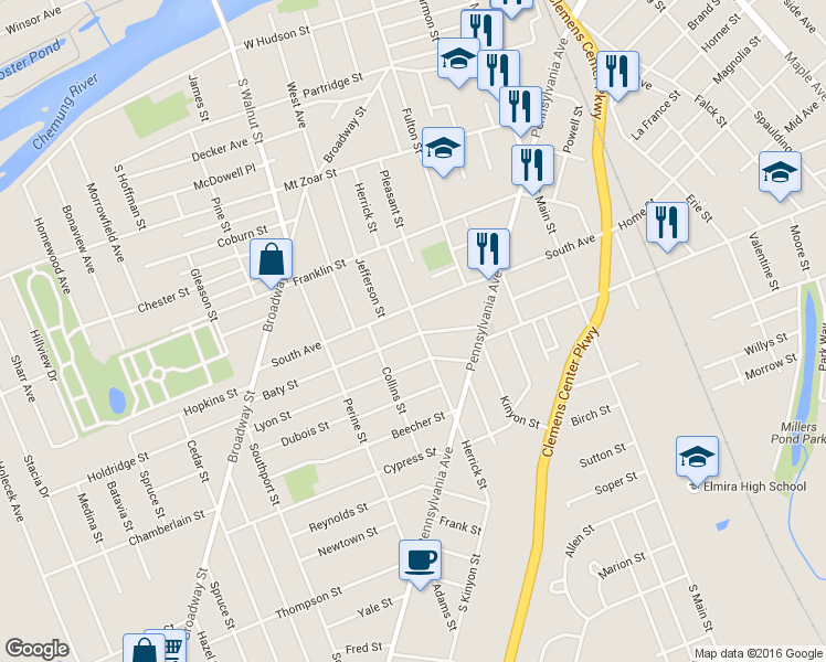 map of restaurants, bars, coffee shops, grocery stores, and more near 604 Herrick Street in Elmira