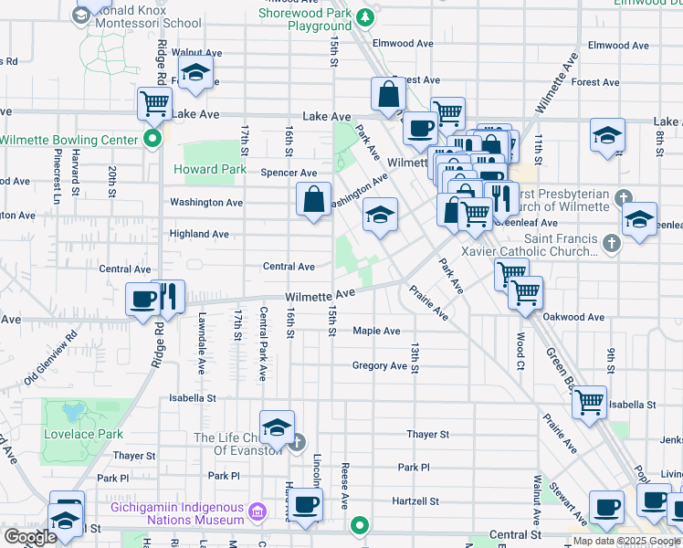map of restaurants, bars, coffee shops, grocery stores, and more near 418 15th Street in Wilmette