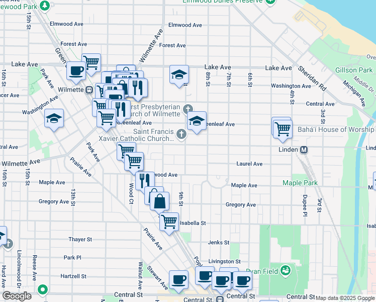map of restaurants, bars, coffee shops, grocery stores, and more near 827 Linden Avenue in Wilmette