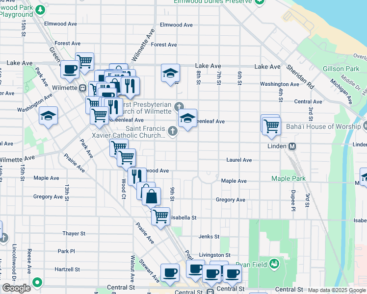 map of restaurants, bars, coffee shops, grocery stores, and more near 827 Linden Avenue in Wilmette