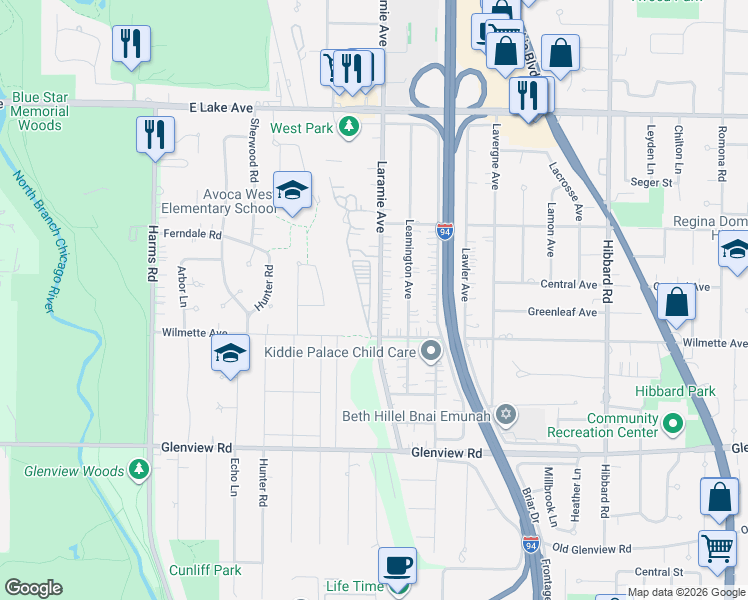 map of restaurants, bars, coffee shops, grocery stores, and more near 527 Laramie Avenue in Wilmette