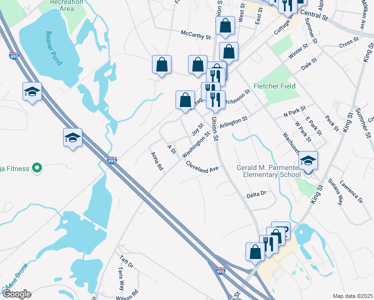 map of restaurants, bars, coffee shops, grocery stores, and more near 59 Washington Street in Franklin