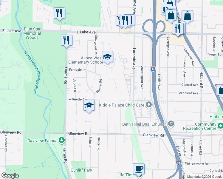 map of restaurants, bars, coffee shops, grocery stores, and more near 1019 Indian Rd in Glenview