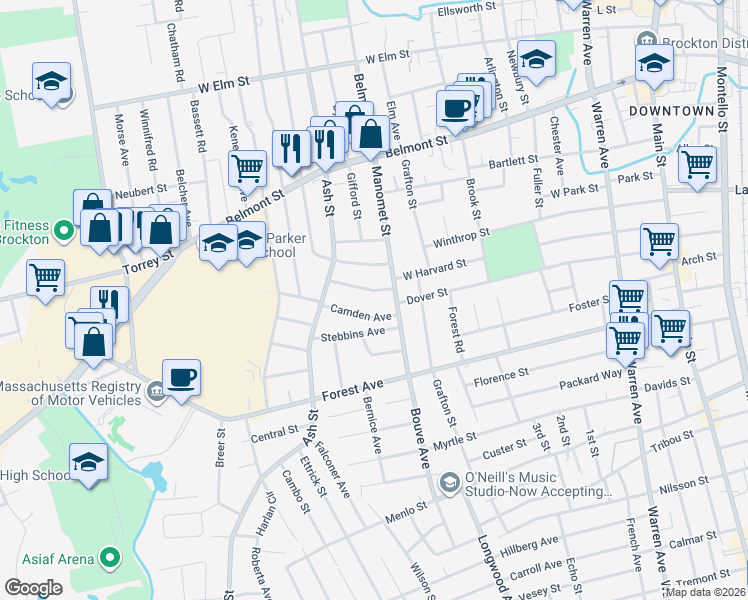 map of restaurants, bars, coffee shops, grocery stores, and more near 28 Wellington Street in Brockton