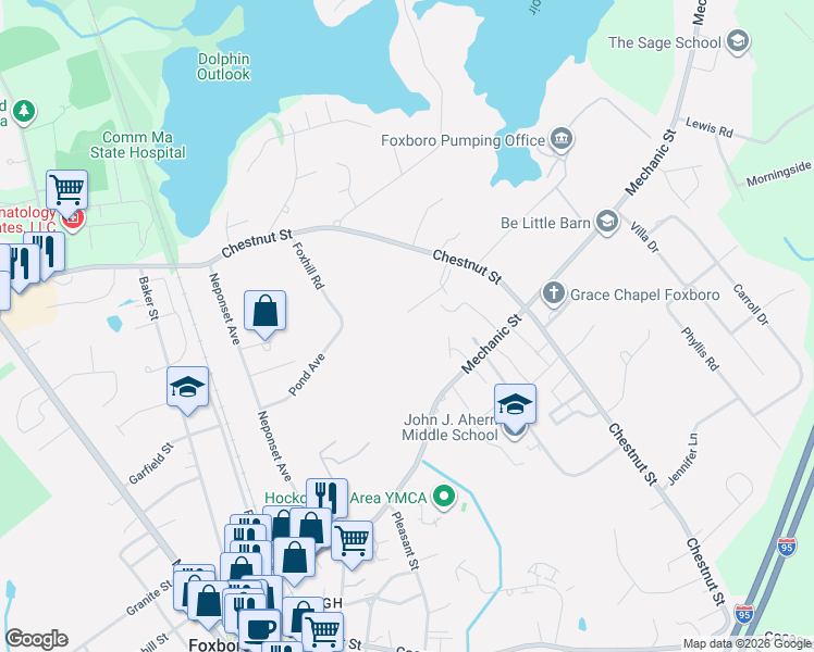 map of restaurants, bars, coffee shops, grocery stores, and more near 101M Chestnut Street in Foxborough
