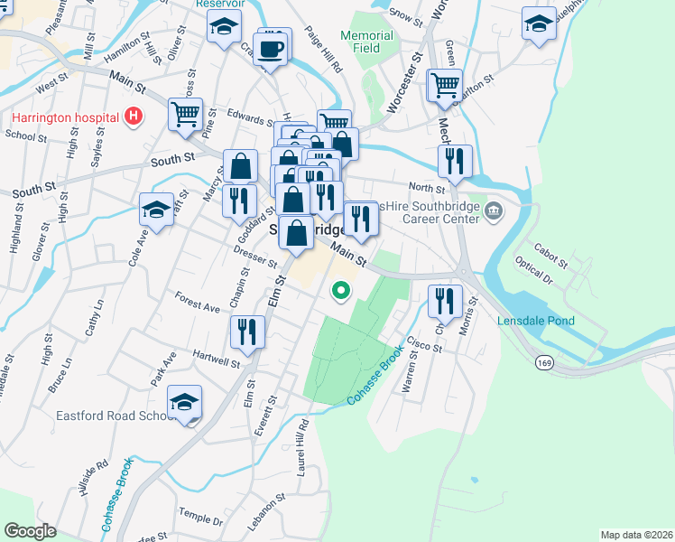map of restaurants, bars, coffee shops, grocery stores, and more near 32 Everett Street in Southbridge
