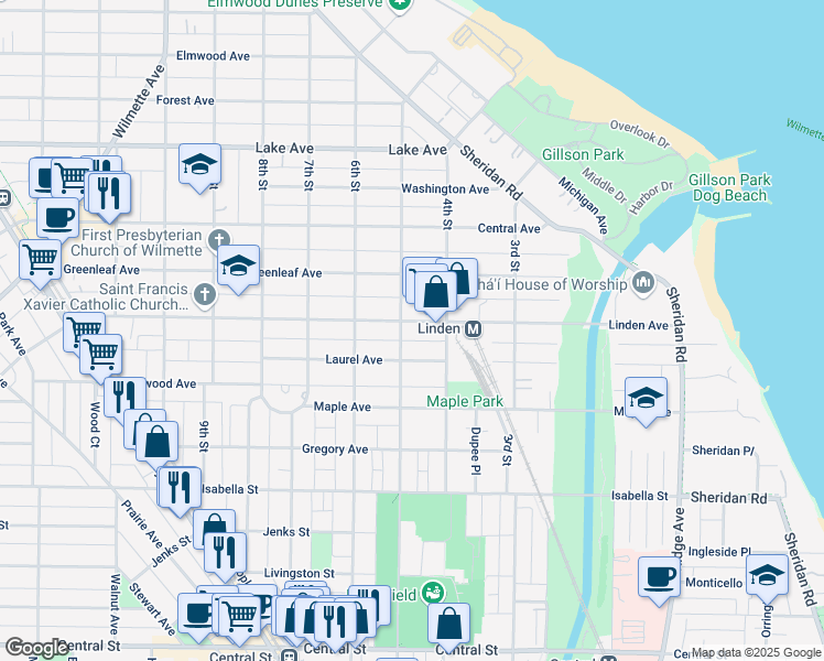 map of restaurants, bars, coffee shops, grocery stores, and more near 417 Linden Avenue in Wilmette