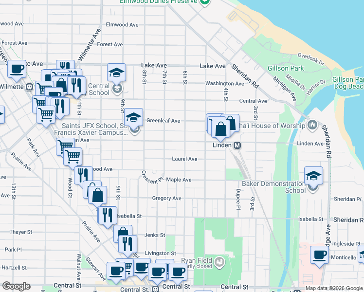 map of restaurants, bars, coffee shops, grocery stores, and more near 601 Linden Avenue in Wilmette