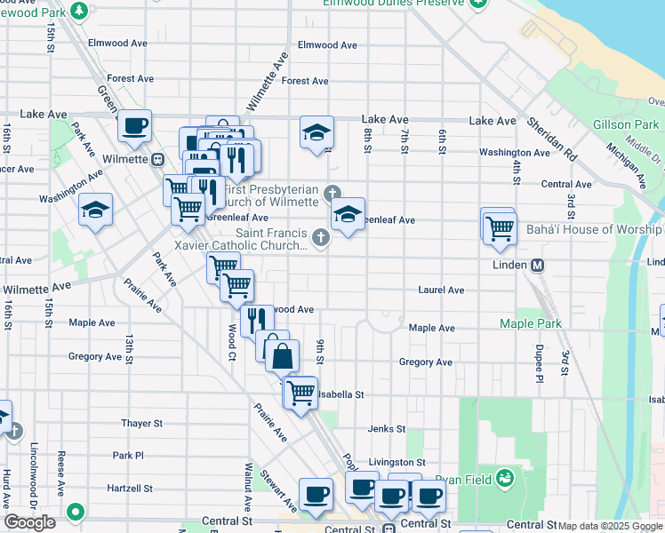 map of restaurants, bars, coffee shops, grocery stores, and more near 827 Linden Avenue in Wilmette