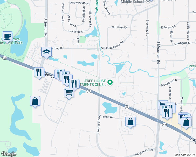 map of restaurants, bars, coffee shops, grocery stores, and more near Palatine Trail in Schaumburg