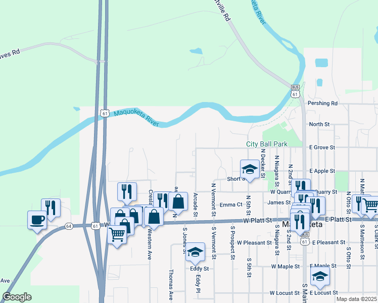 map of restaurants, bars, coffee shops, grocery stores, and more near 402 Arcade Street in Maquoketa