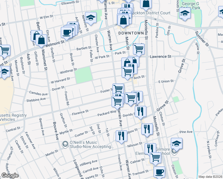 map of restaurants, bars, coffee shops, grocery stores, and more near 15 Foster Street in Brockton