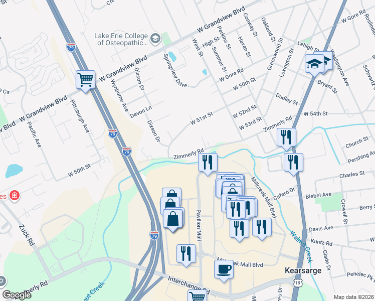 map of restaurants, bars, coffee shops, grocery stores, and more near 2030 Zimmerly Rd in Erie