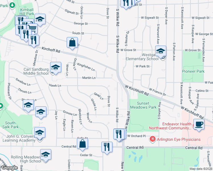 map of restaurants, bars, coffee shops, grocery stores, and more near 2006 Hawk Ct in Rolling Meadows
