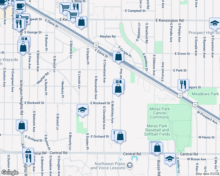 map of restaurants, bars, coffee shops, grocery stores, and more near 1215 E Fairview St in Arlington Heights