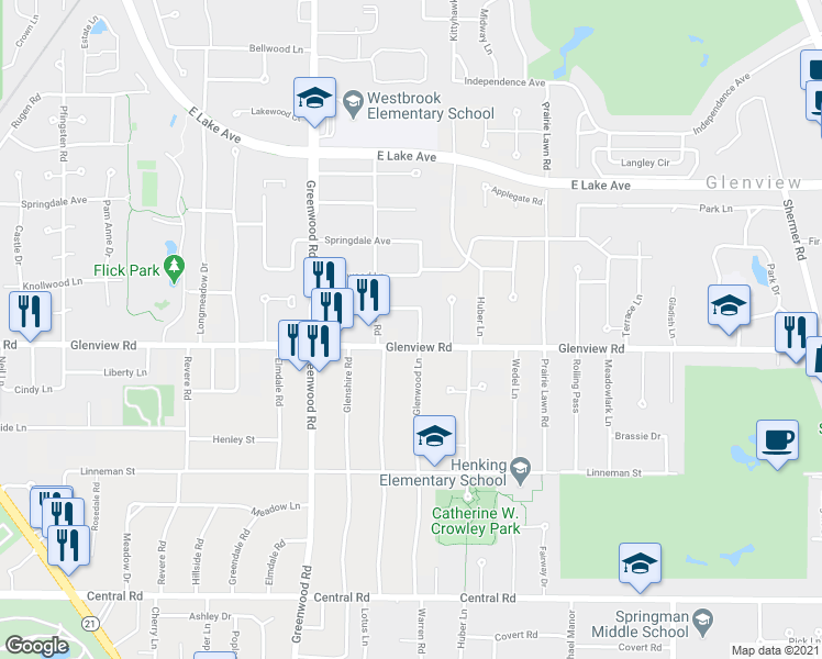 map of restaurants, bars, coffee shops, grocery stores, and more near 1006 Glenwood Lane in Glenview