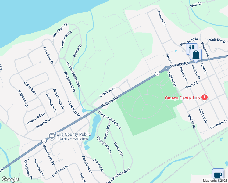 map of restaurants, bars, coffee shops, grocery stores, and more near 5909 Overlook Dr in Erie