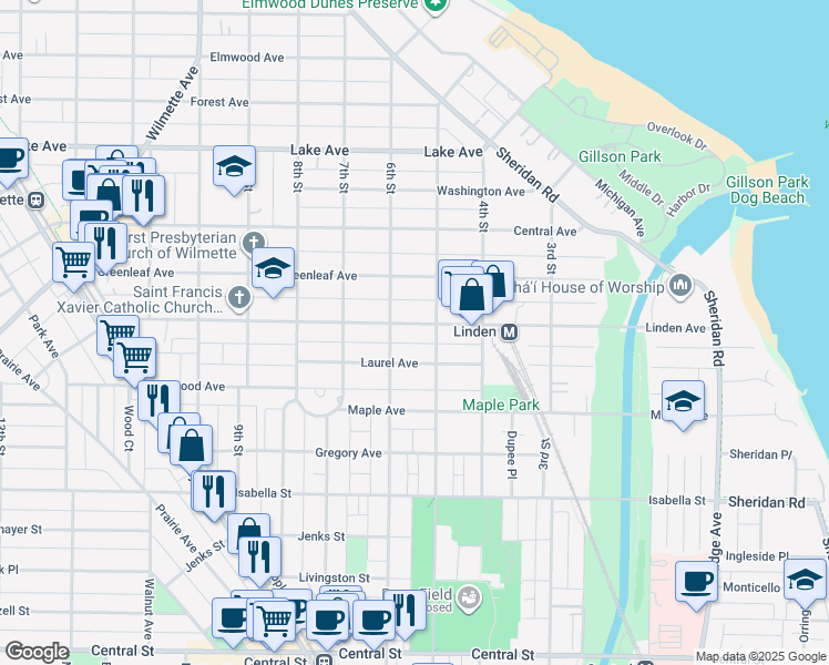 map of restaurants, bars, coffee shops, grocery stores, and more near 515 Linden Avenue in Wilmette