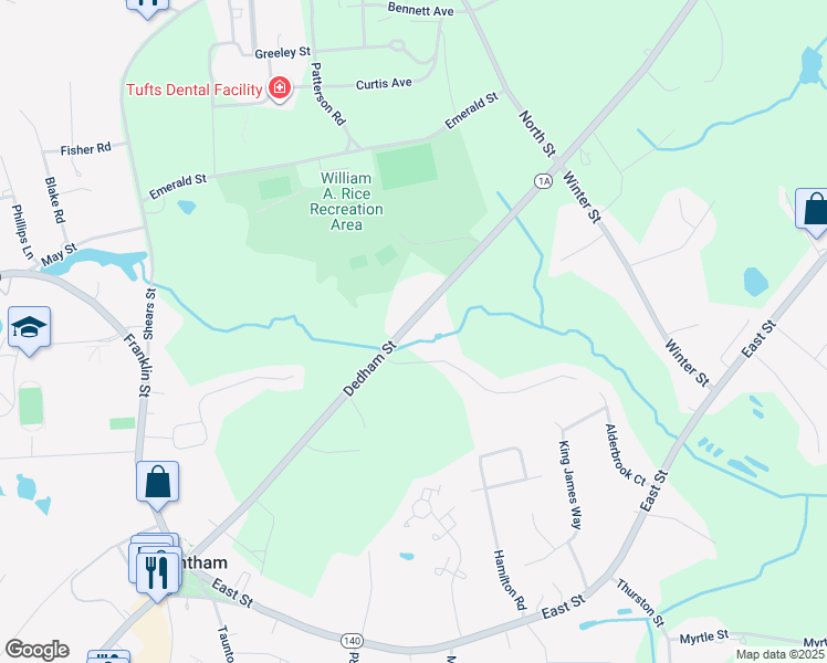 map of restaurants, bars, coffee shops, grocery stores, and more near 258 Dedham Street in Wrentham