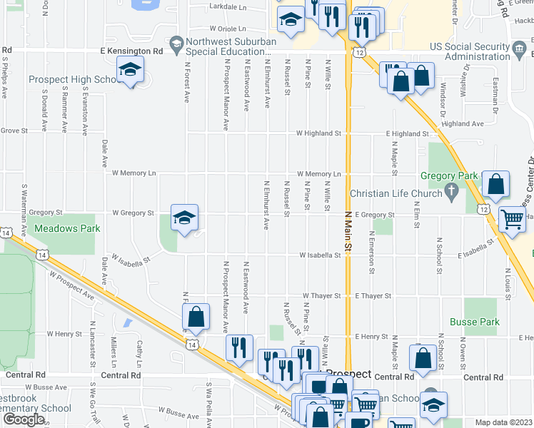map of restaurants, bars, coffee shops, grocery stores, and more near N Elmhurst Ave & W Gregory St in Mt Prospect
