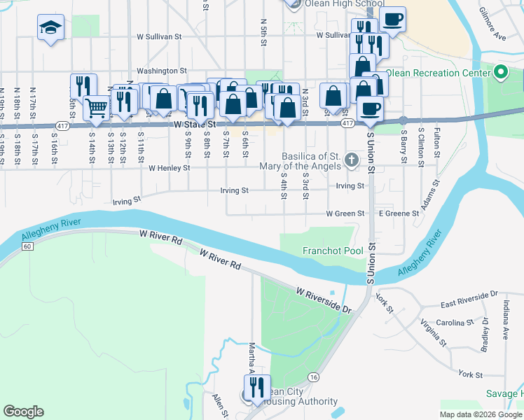 map of restaurants, bars, coffee shops, grocery stores, and more near 602-04 West Green Street in Olean