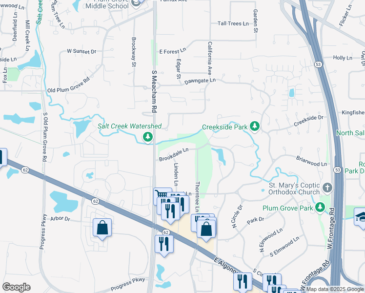 map of restaurants, bars, coffee shops, grocery stores, and more near 54 Brookdale Lane in Palatine