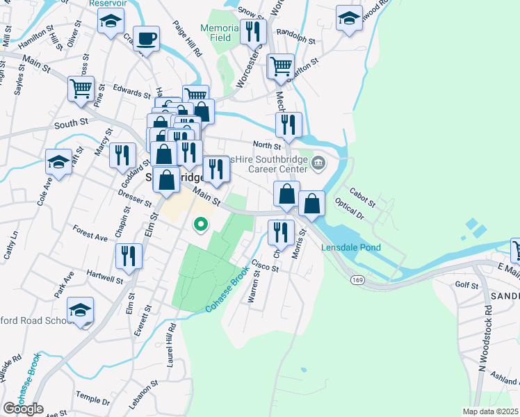 map of restaurants, bars, coffee shops, grocery stores, and more near 70 Main Street in Southbridge