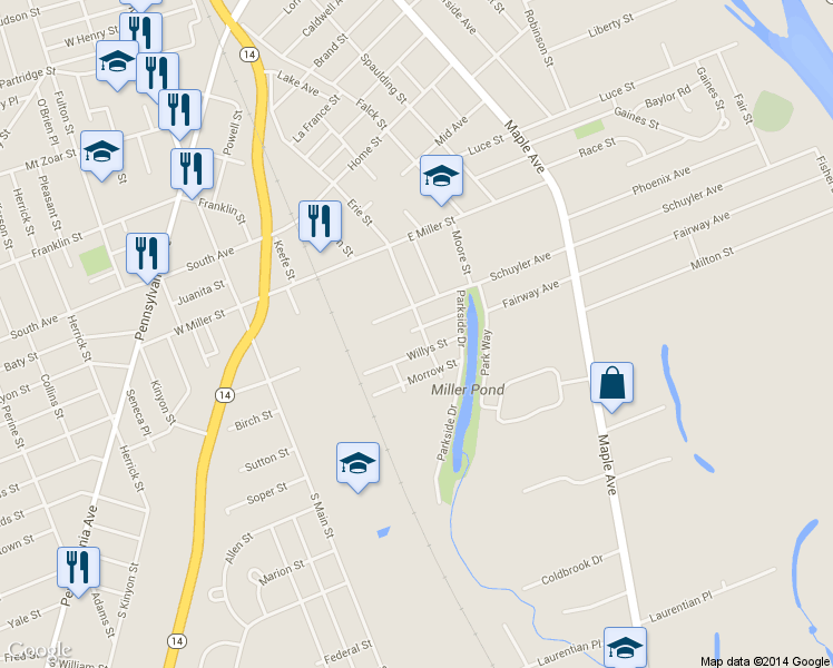 map of restaurants, bars, coffee shops, grocery stores, and more near 900 Erie Street in Elmira
