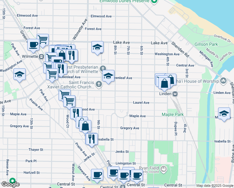 map of restaurants, bars, coffee shops, grocery stores, and more near 444 8th Street in Wilmette