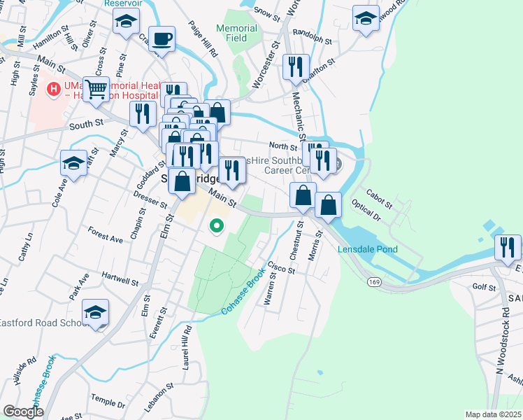 map of restaurants, bars, coffee shops, grocery stores, and more near 18 Walnut Street in Southbridge