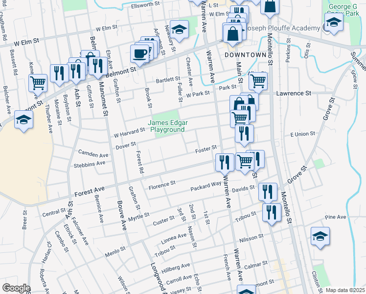 map of restaurants, bars, coffee shops, grocery stores, and more near 71 South Fuller Street Extension in Brockton