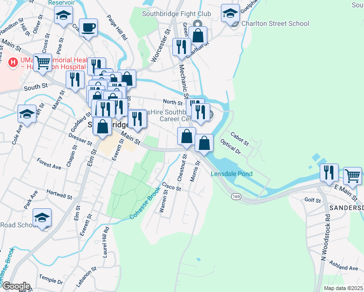 map of restaurants, bars, coffee shops, grocery stores, and more near 26 Main Street in Southbridge