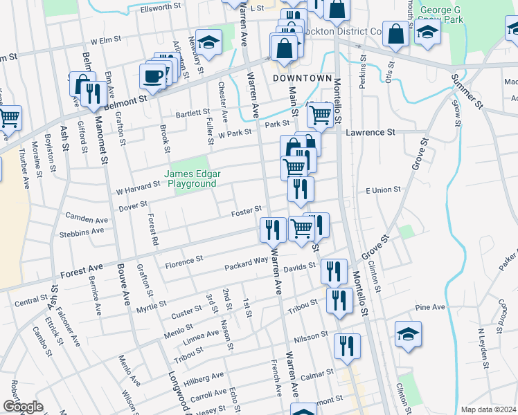 map of restaurants, bars, coffee shops, grocery stores, and more near 10 Foster Street in Brockton