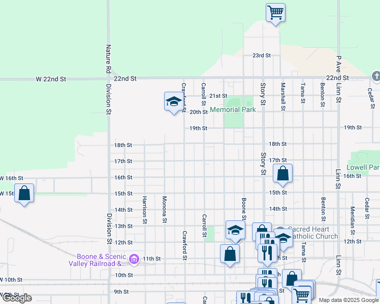 map of restaurants, bars, coffee shops, grocery stores, and more near 1718 Crawford Street in Boone