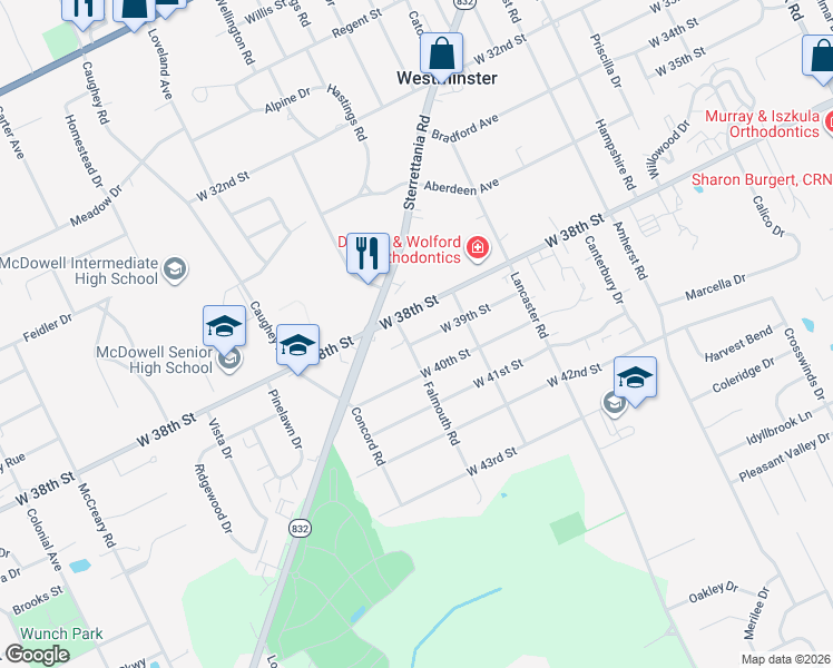 map of restaurants, bars, coffee shops, grocery stores, and more near 3350 W 39th St in Erie