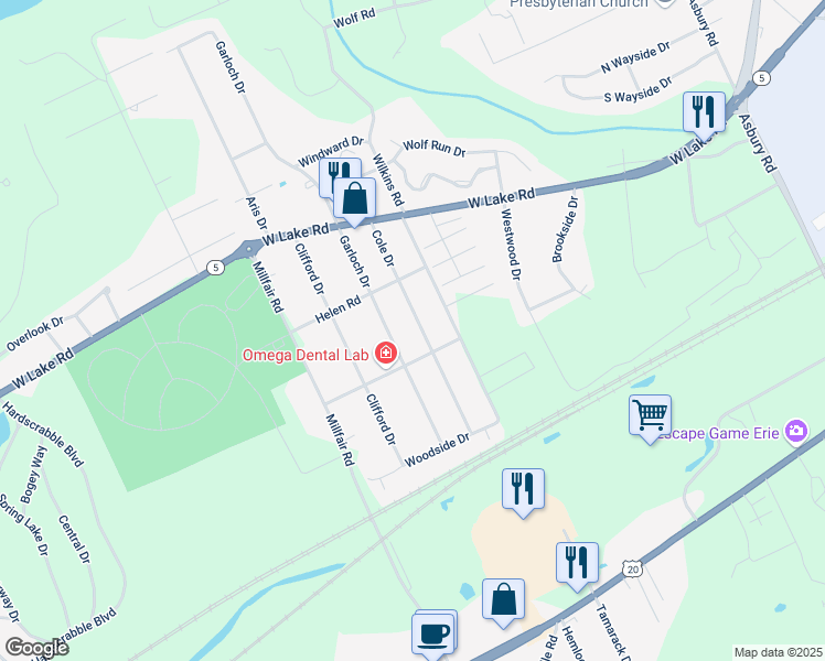 map of restaurants, bars, coffee shops, grocery stores, and more near 1750 Cole Dr in Erie